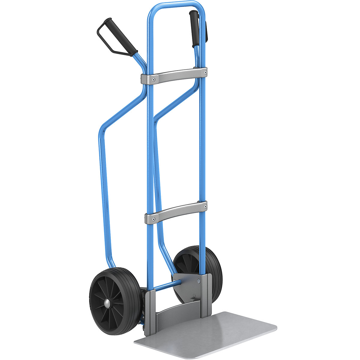 Sack truck with runners, blue – eurokraft pro, footplate WxD 450 x 350 mm, zinc plated, solid rubber tyres-3