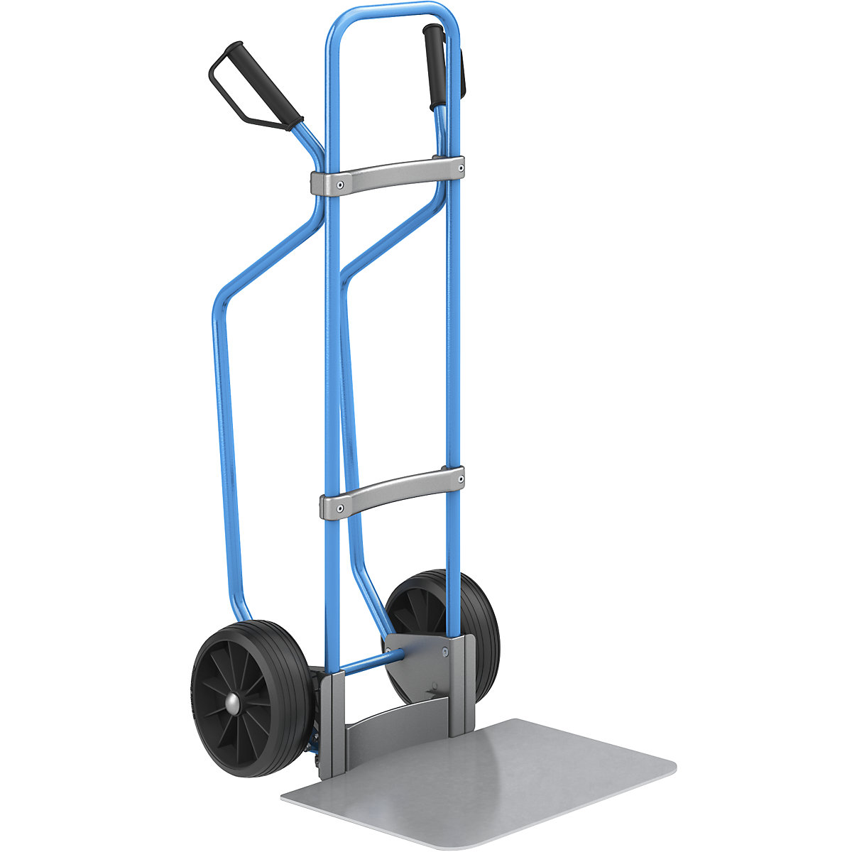 Sack truck with runners, blue – eurokraft pro, footplate WxD 450 x 500 mm, zinc plated, solid rubber tyres-1