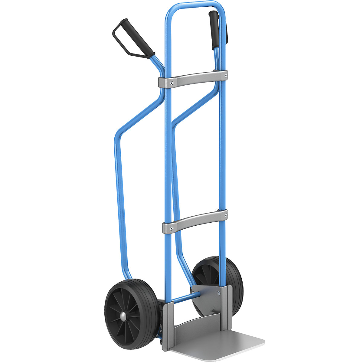 Sack truck with runners, blue – eurokraft pro, footplate WxD 280 x 250 mm, aluminium, solid rubber tyres, 5+ items-2
