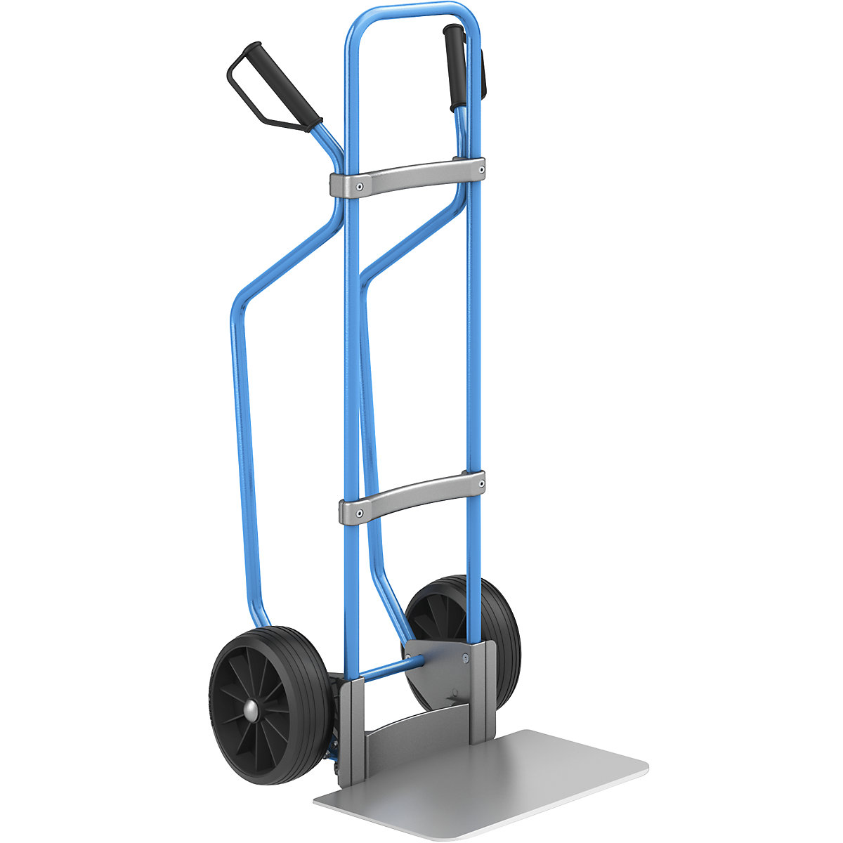 Sack truck with runners, blue – eurokraft pro, footplate WxD 450 x 350 mm, aluminium, solid rubber tyres-1