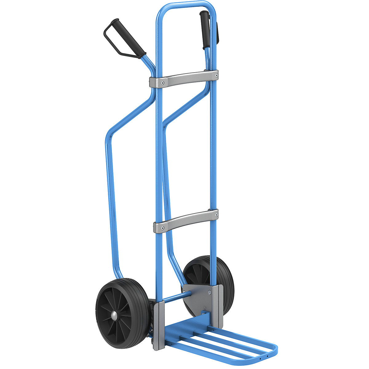 Sack truck with runners, blue – eurokraft pro, parcel footplate WxD 430 x 250 mm, blue, solid rubber tyres, 2+ items-2