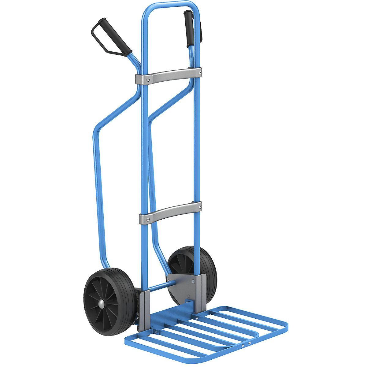 Sack truck with runners, blue – eurokraft pro, parcel footplate WxD 430 x 450 mm, blue, solid rubber tyres, 2+ items-2