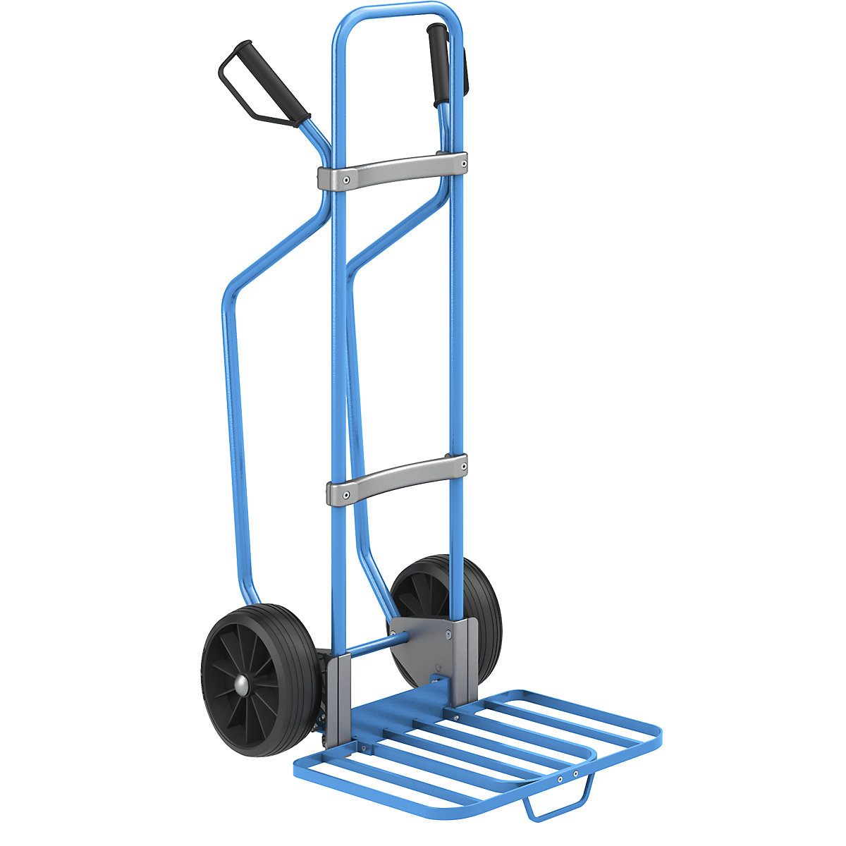 Sack truck with runners, blue – eurokraft pro, parcel footplate WxD 430 x 450 mm, blue, with handle, solid rubber tyres-2