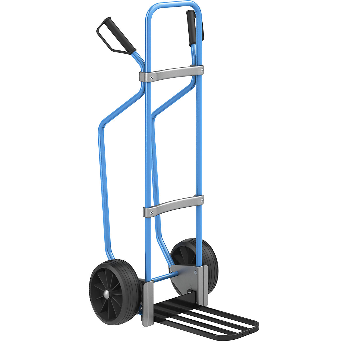 Sack truck with runners, blue – eurokraft pro, parcel footplate WxD 430 x 250 mm, black, solid rubber tyres, 2+ items-2