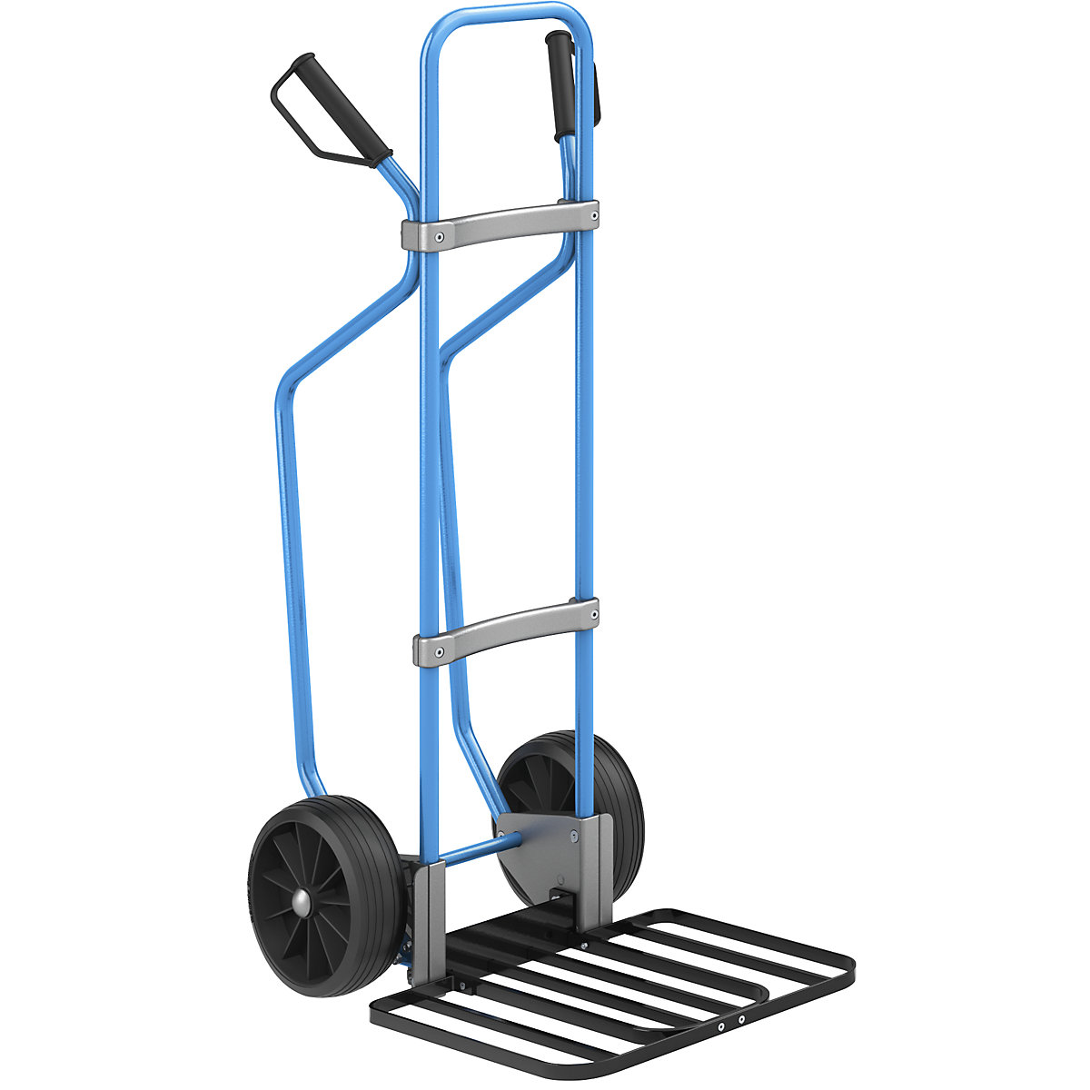 Sack truck with runners, blue – eurokraft pro, parcel footplate WxD 430 x 450 mm, black, solid rubber tyres, 5+ items-1