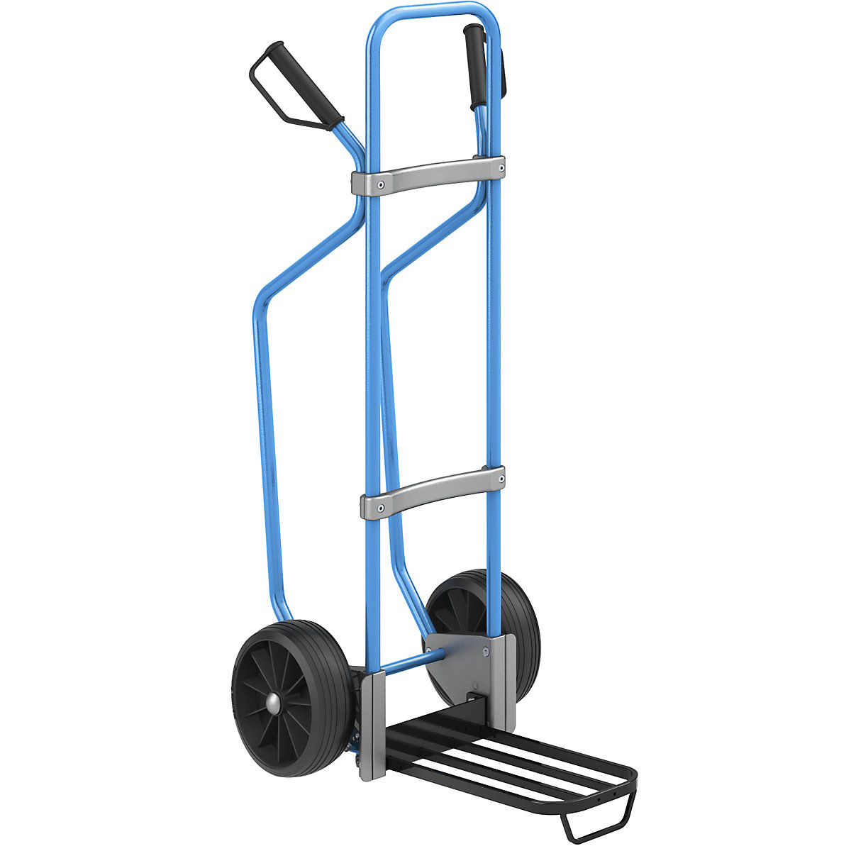 Sack truck with runners, blue – eurokraft pro, parcel footplate WxD 430 x 250 mm, black, with handle, solid rubber tyres-3
