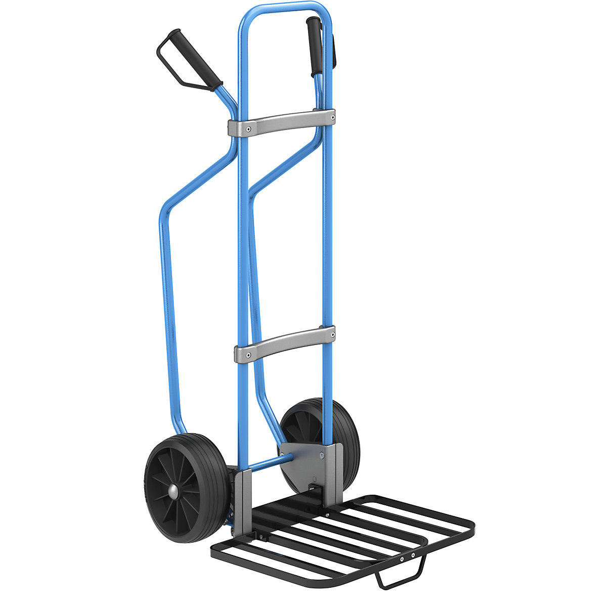 Sack truck with runners, blue – eurokraft pro, parcel footplate WxD 430 x 450 mm, black, with handle, solid rubber tyres, 2+ items-2