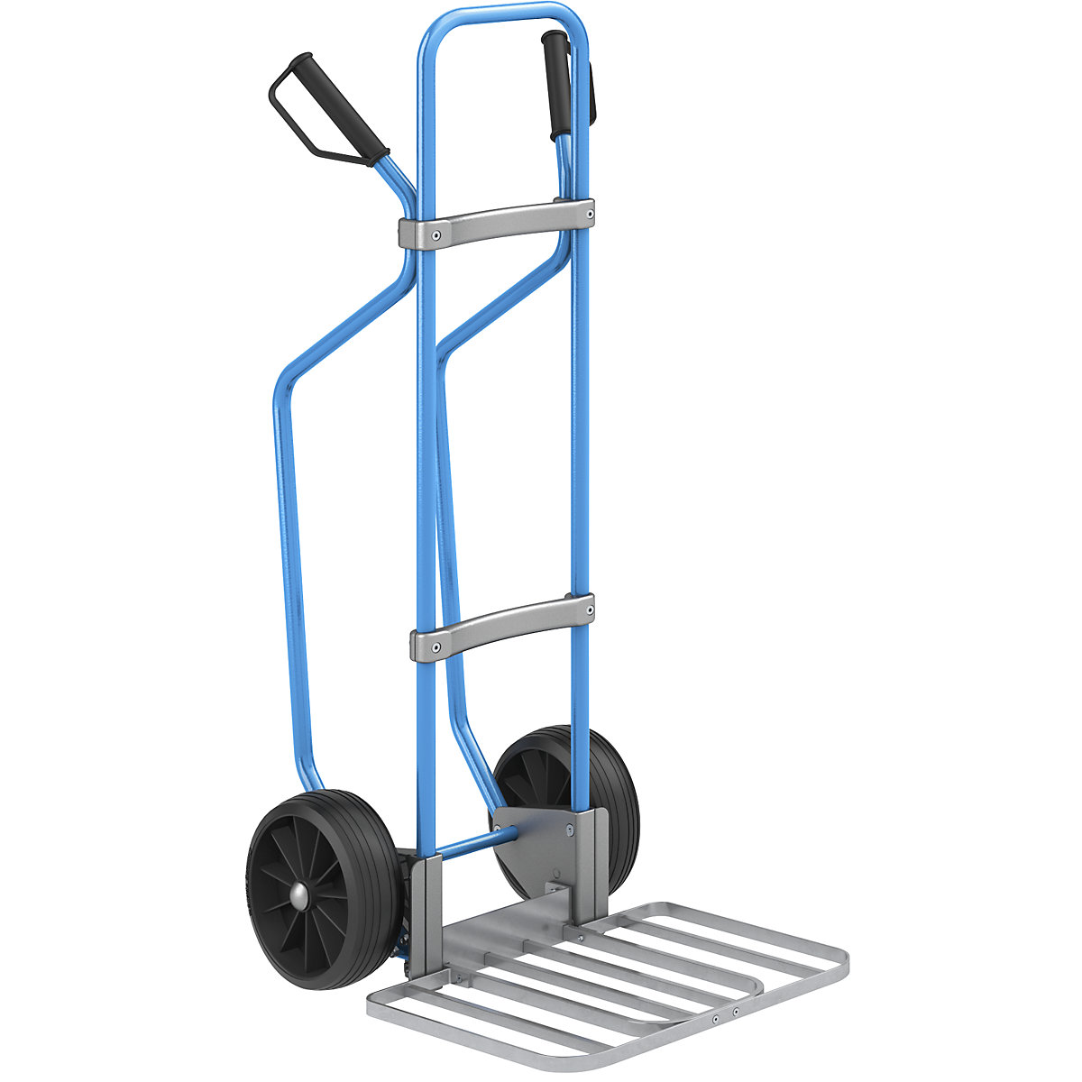 Sack truck with runners, blue – eurokraft pro, parcel footplate WxD 430 x 450 mm, zinc plated, solid rubber tyres-1