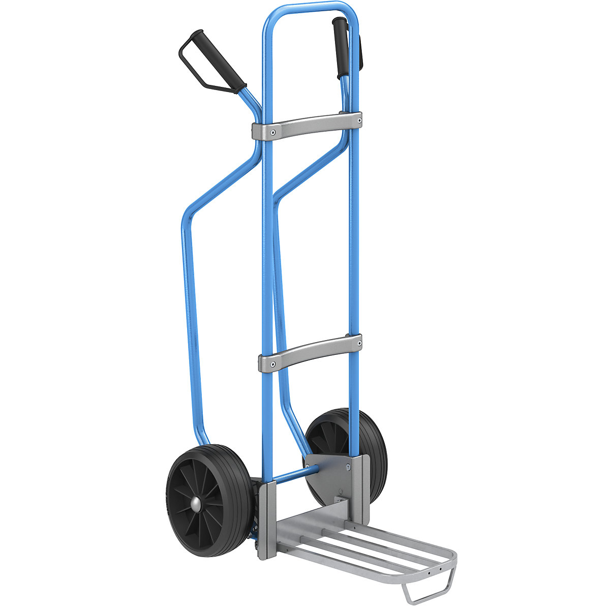 Sack truck with runners, blue – eurokraft pro, parcel footplate WxD 430 x 250 mm, zinc plated, with handle, solid rubber tyres, 2+ items-1