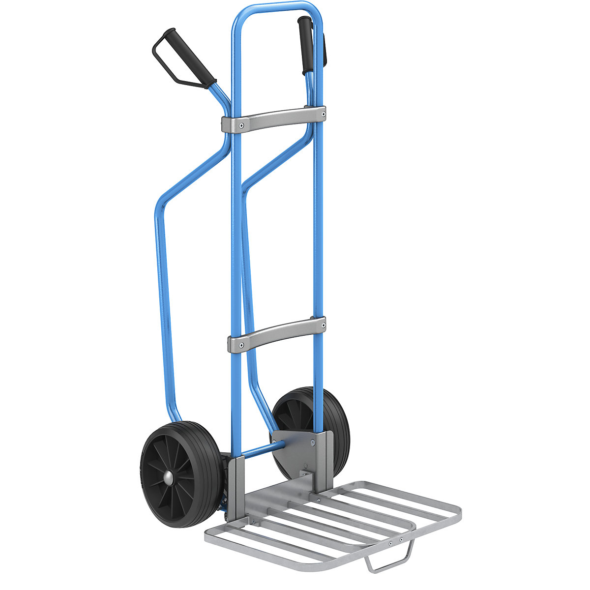 Sack truck with runners, blue – eurokraft pro, parcel footplate WxD 430 x 450 mm, zinc plated, with handle, solid rubber tyres, 5+ items-3