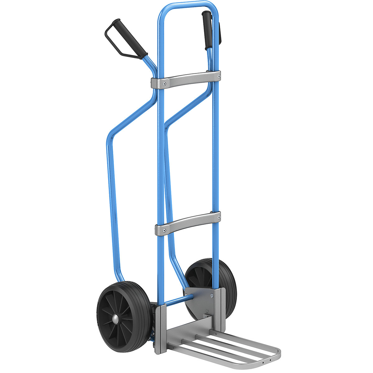 Sack truck with runners, blue – eurokraft pro, parcel footplate WxD 430 x 250 mm, aluminium, solid rubber tyres-2