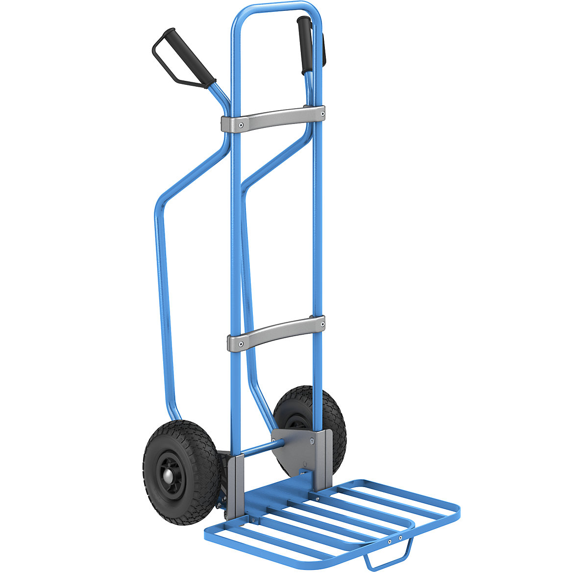 Sack truck with runners, blue – eurokraft pro, parcel footplate WxD 430 x 450 mm, blue, with handle, pneumatic tyres-3