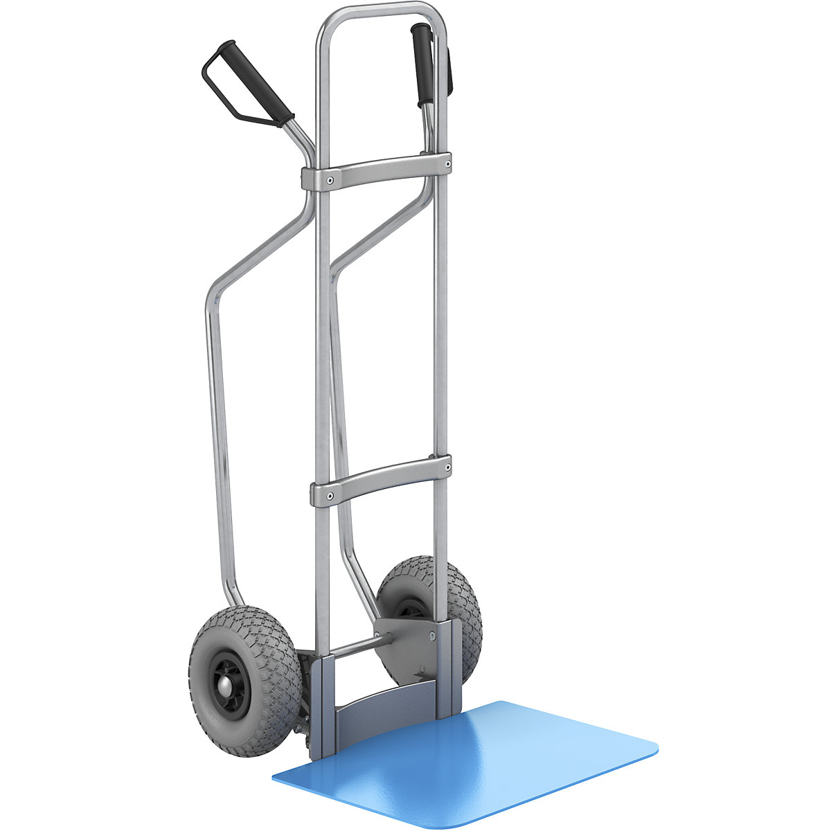 Sack truck with runners, zinc plated – eurokraft pro, footplate WxD 450 x 500 mm, blue, PU tyres, 2+ items-1