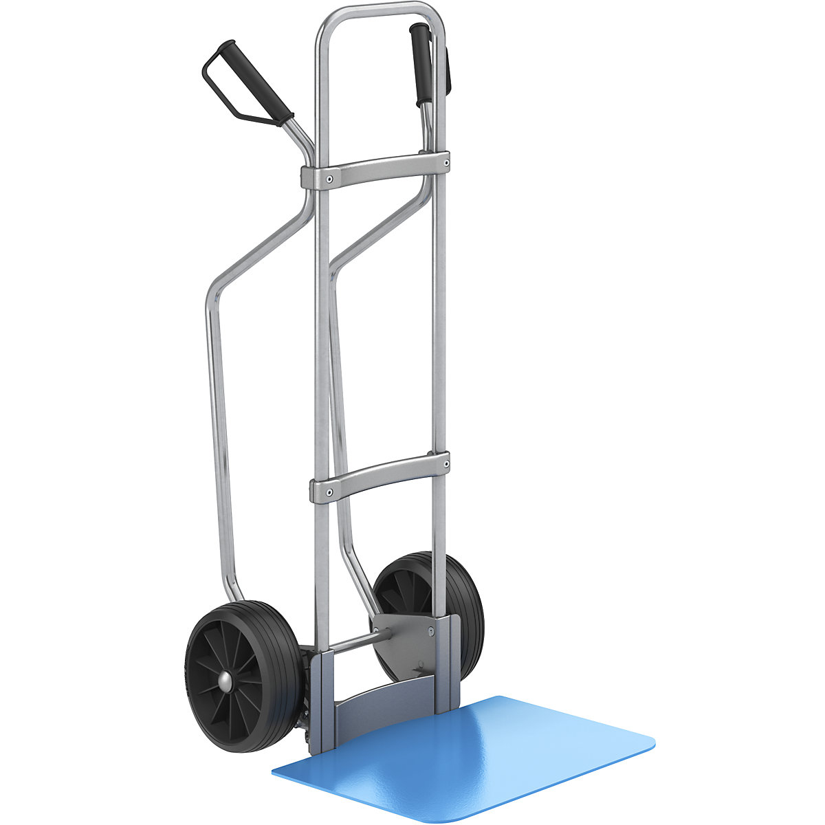 Sack truck with runners, zinc plated – eurokraft pro, footplate WxD 450 x 500 mm, blue, solid rubber tyres, 5+ items-2