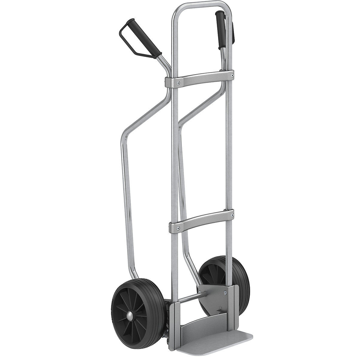 Sack truck with runners, zinc plated – eurokraft pro, footplate WxD 280 x 140 mm, zinc plated, solid rubber tyres-1