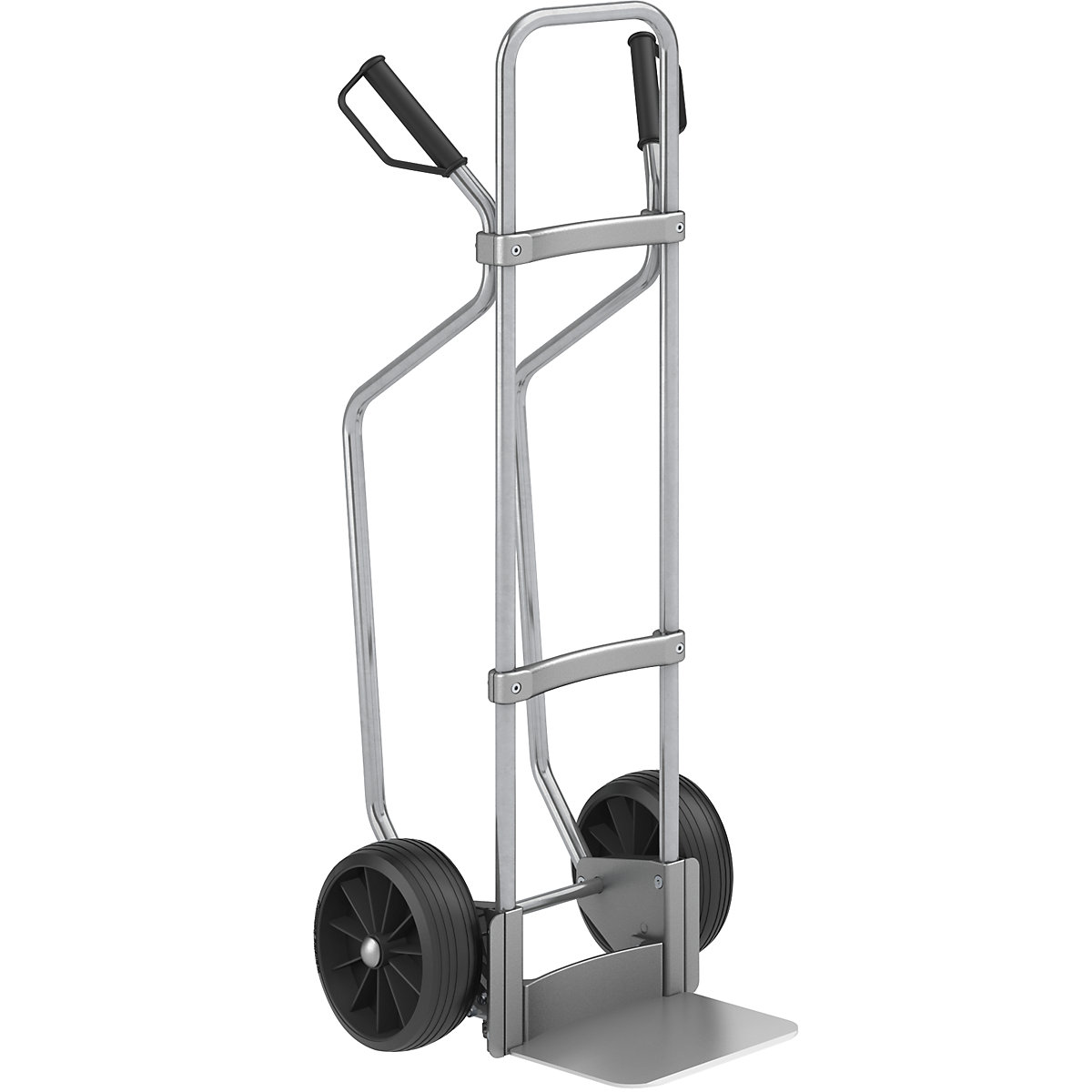 Sack truck with runners, zinc plated – eurokraft pro, footplate WxD 280 x 250 mm, aluminium, solid rubber tyres, 2+ items-2