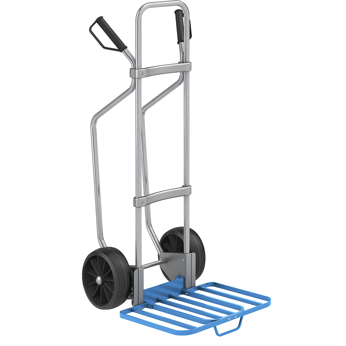 Sack truck with runners, zinc plated – eurokraft pro, parcel footplate WxD 430 x 450 mm, blue, with handle, solid rubber tyres, 2+ items-3