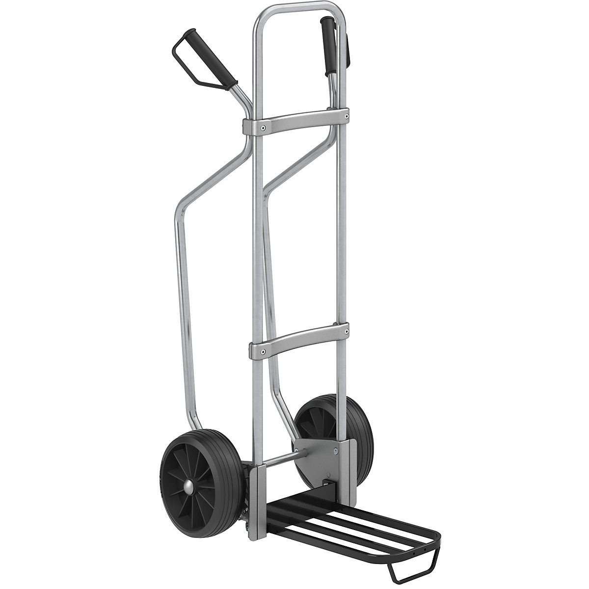 Sack truck with runners, zinc plated – eurokraft pro, parcel footplate WxD 430 x 250 mm, black, with handle, solid rubber tyres-3