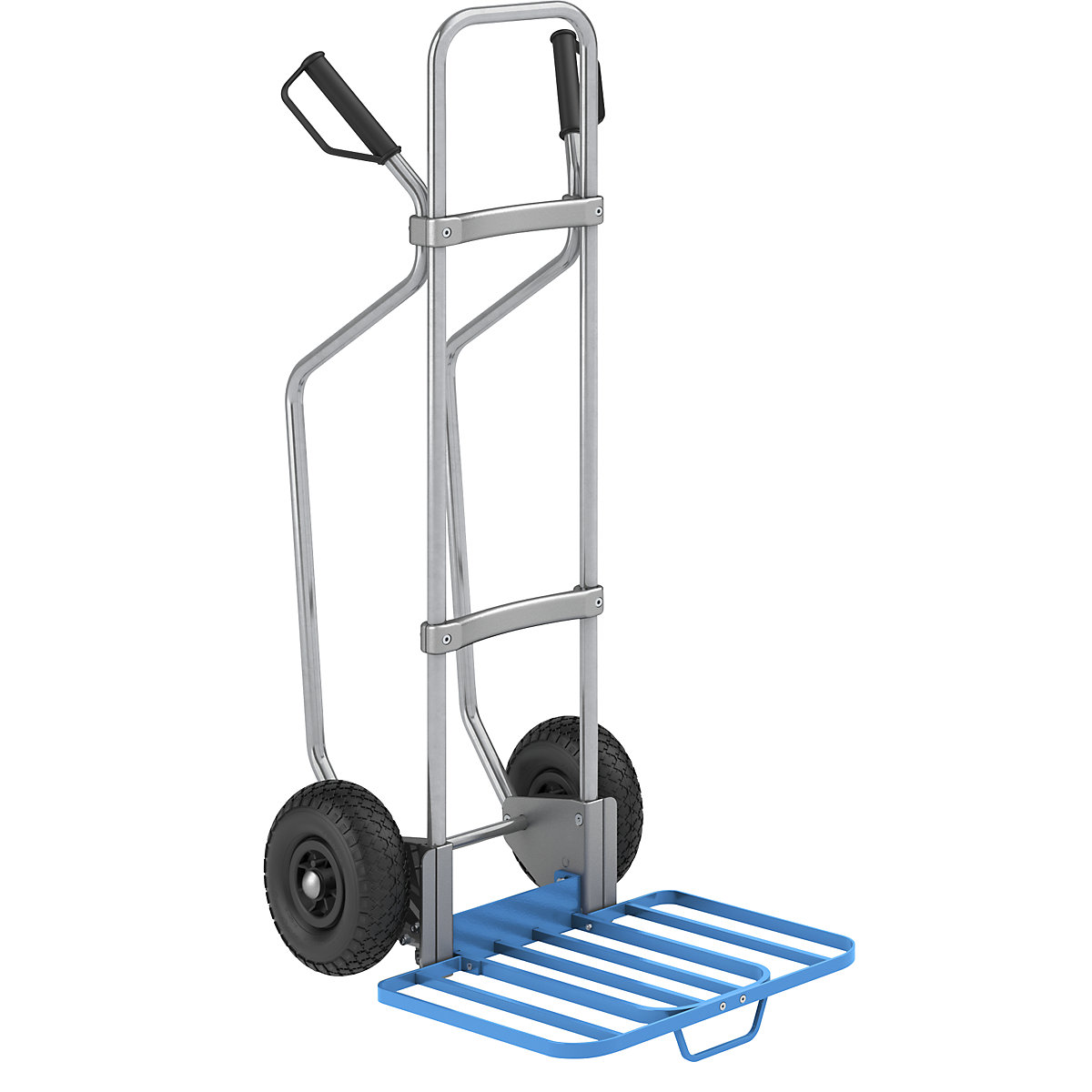 Sack truck with runners, zinc plated – eurokraft pro, parcel footplate WxD 430 x 450 mm, blue, with handle, pneumatic tyres-4