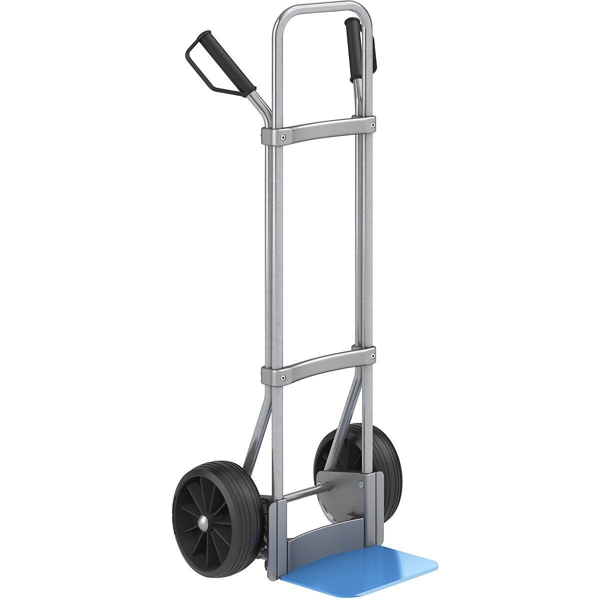 Sack truck, zinc plated – eurokraft pro, footplate WxD 280 x 250 mm, blue, solid rubber tyres-1