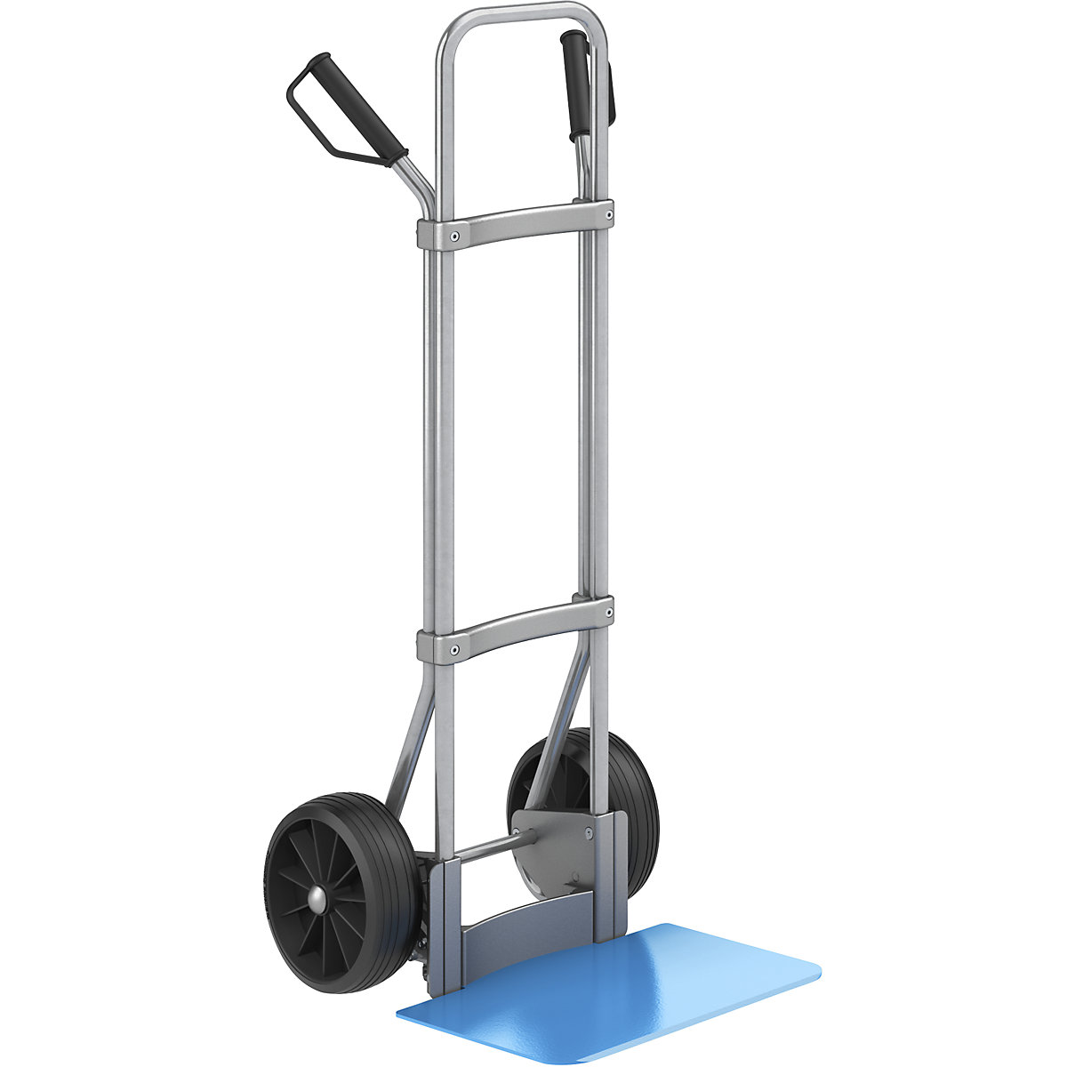 Sack truck, zinc plated – eurokraft pro, footplate WxD 450 x 350 mm, blue, solid rubber tyres, 5+ items-3
