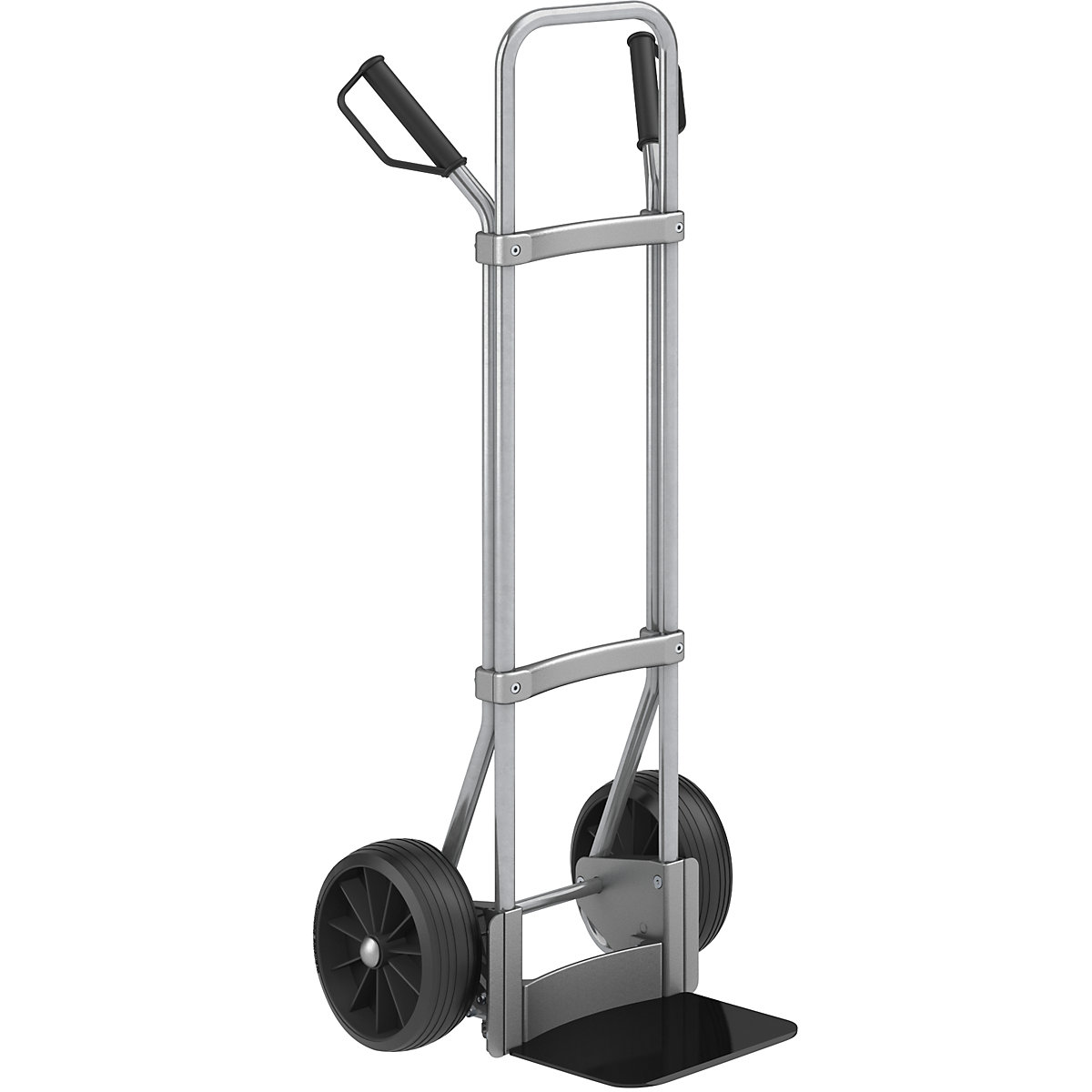 Sack truck, zinc plated – eurokraft pro, footplate WxD 280 x 250 mm, black, solid rubber tyres, 5+ items-1
