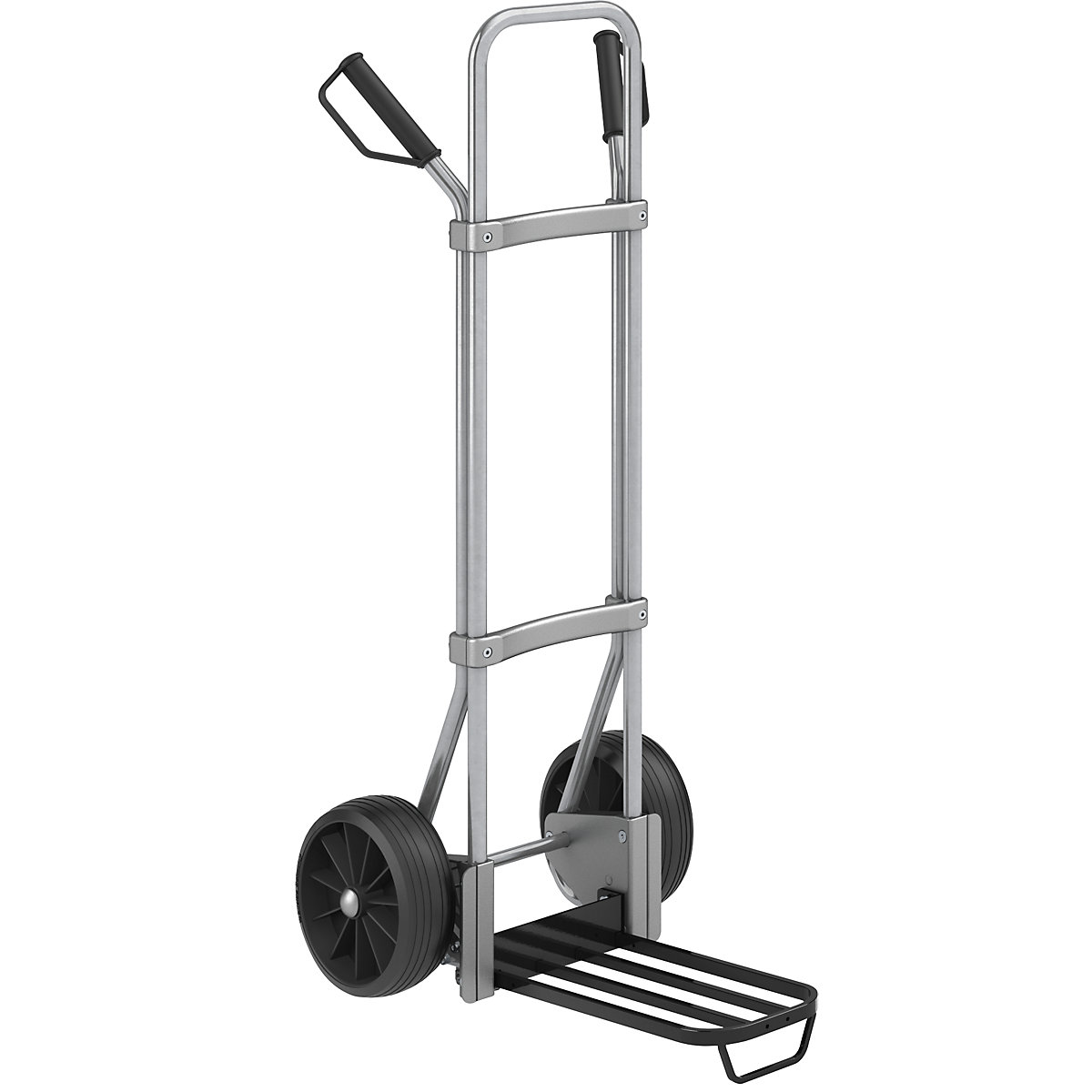 Sack truck, zinc plated – eurokraft pro, parcel footplate WxD 430 x 250 mm, black, with handle, solid rubber tyres-1