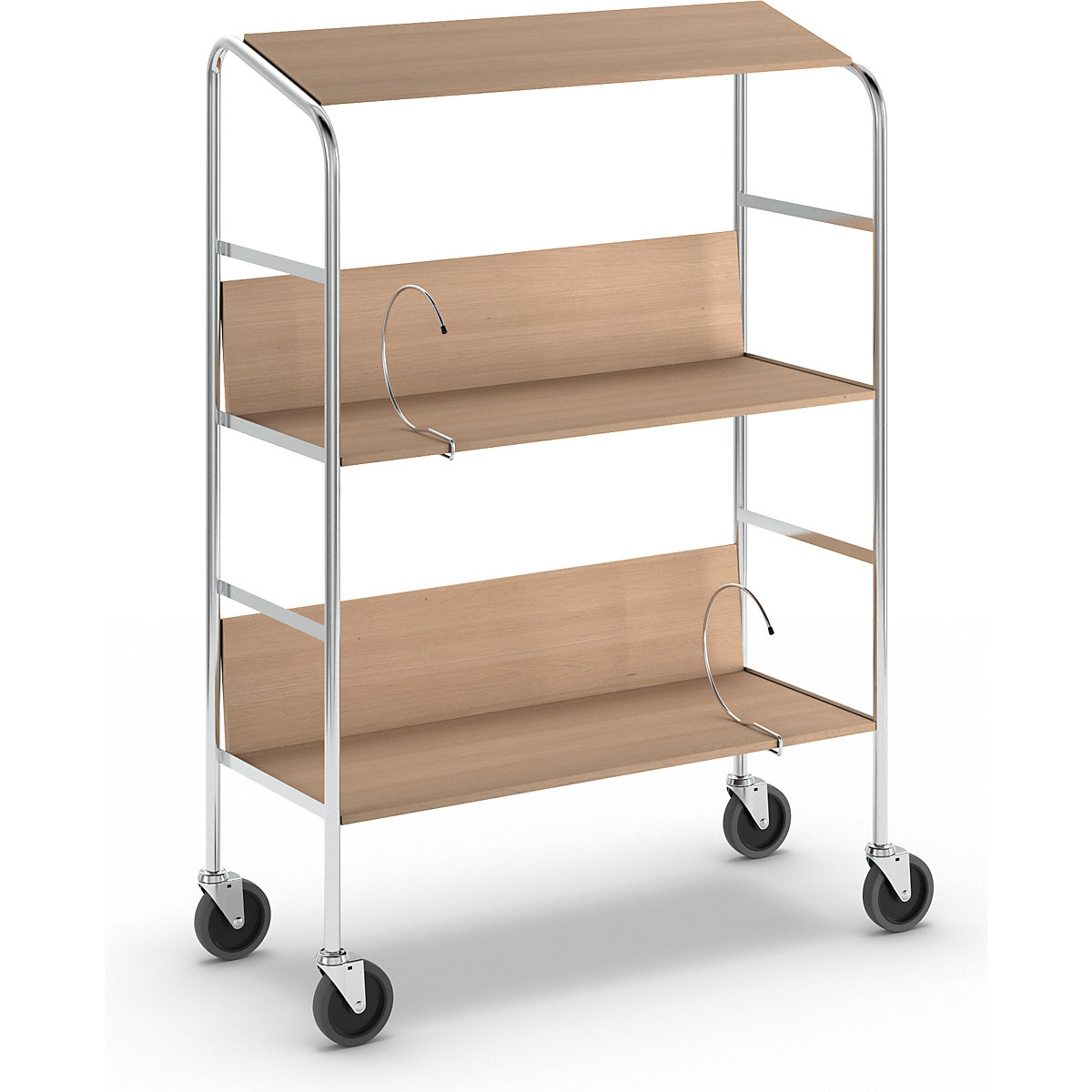 File trolley with top shelf, chrome plated – HelgeNyberg, 3 shelves, LxWxH 800 x 340 x 1060 mm, beech finish-6