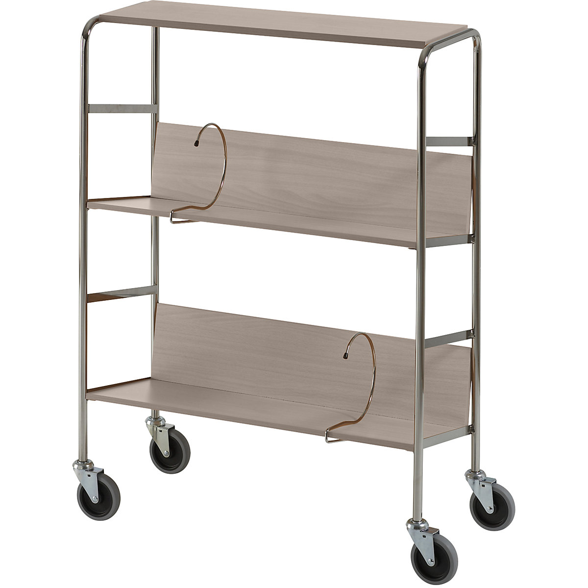 File trolley with top shelf, chrome plated – HelgeNyberg, 3 shelves, LxWxH 800 x 340 x 1060 mm, birch finish, 5+ items-11