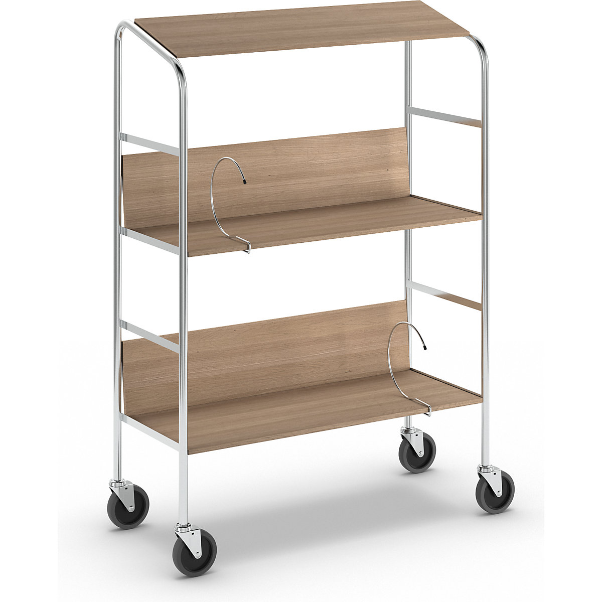 File trolley with top shelf, chrome plated – HelgeNyberg, 3 shelves, LxWxH 800 x 340 x 1060 mm, oak finish-7