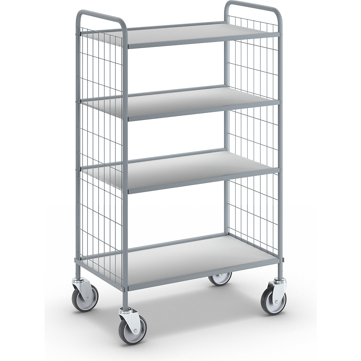 Office shelf trolley, max. load 150 kg, shelves / panels plastic coated in light grey, 4 shelves, 4 swivel castors-2