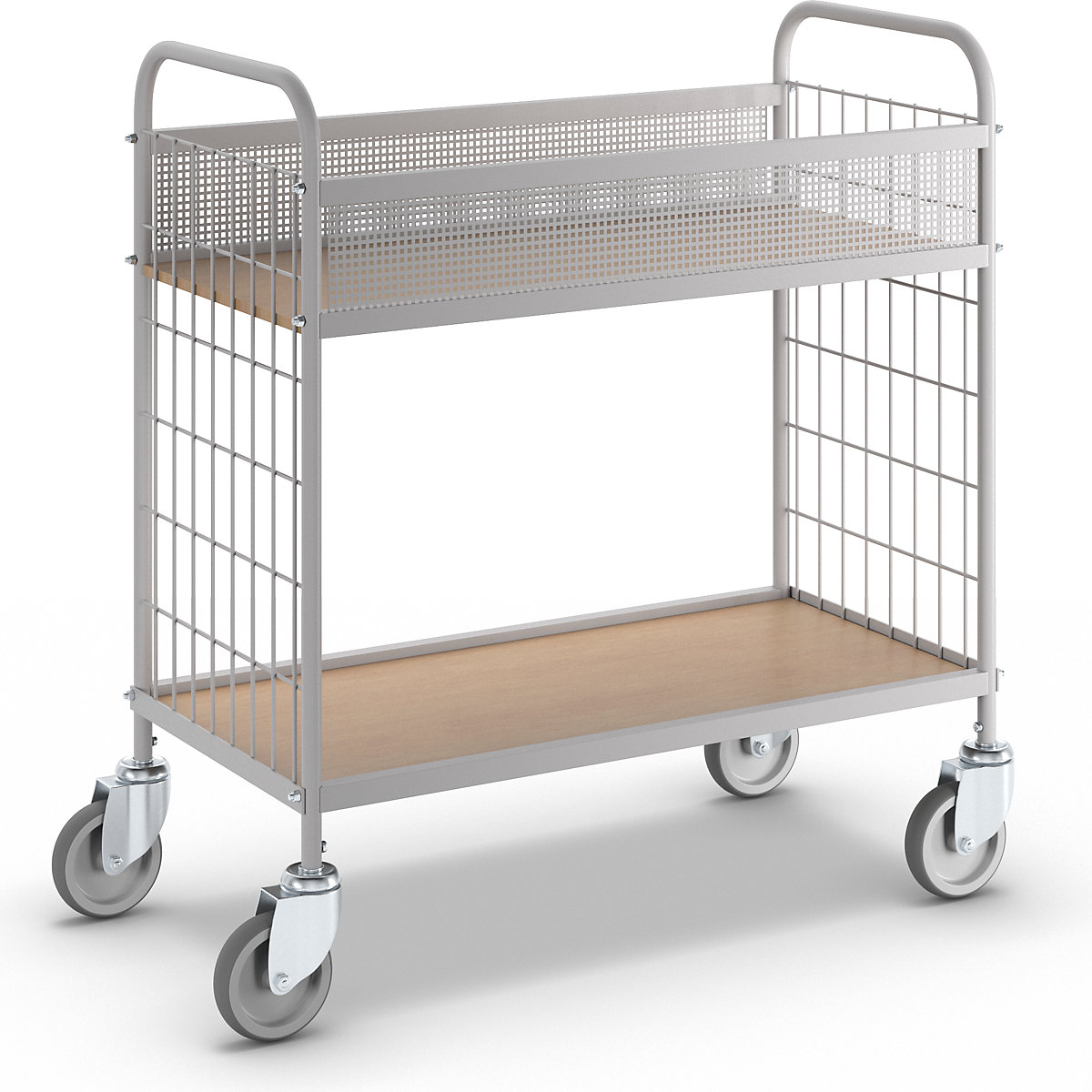 Office shelf trolley – eurokraft pro, max. load 150 kg, with 2 shelves, 4 swivel castors, wheel Ø 100 mm-2