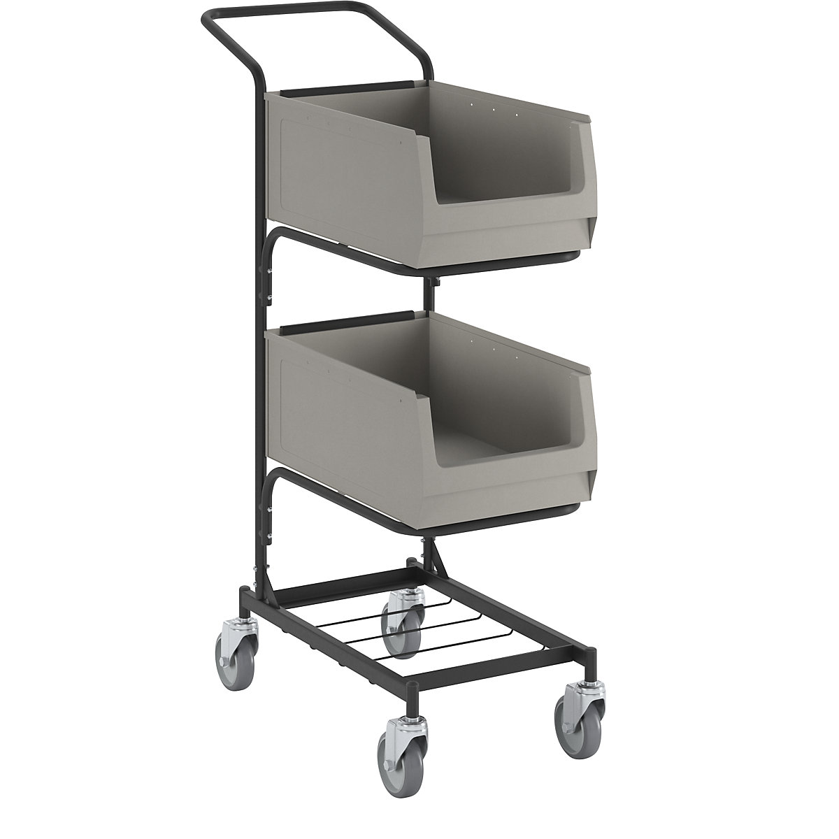 Assembly trolley, with 2 open fronted storage bins, jet black, fine structuring-9