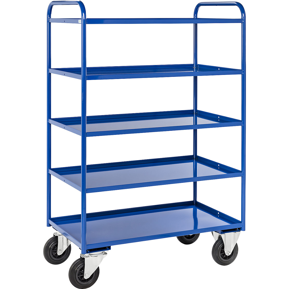 KM41 shelf truck – Kongamek, 5 shelves with raised edges, LxWxH 955 x 550 x 1490 mm, blue, 2 swivel castors and 2 fixed castors, 5+ items-8