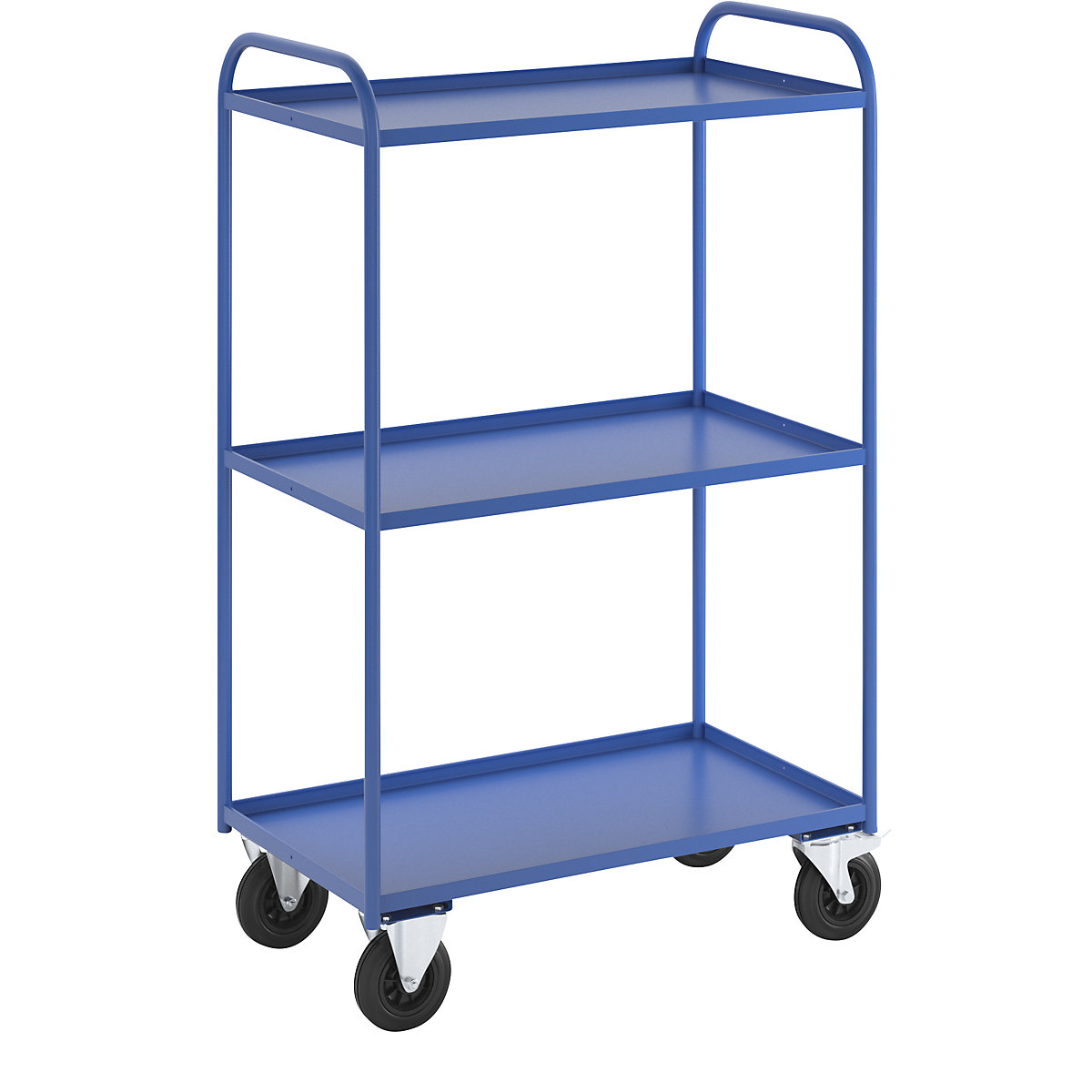 KM41 shelf truck – Kongamek, 3 shelves with raised edges, LxWxH 955 x 550 x 1490 mm, blue, 2 swivel castors with stops, 2 fixed castors-8