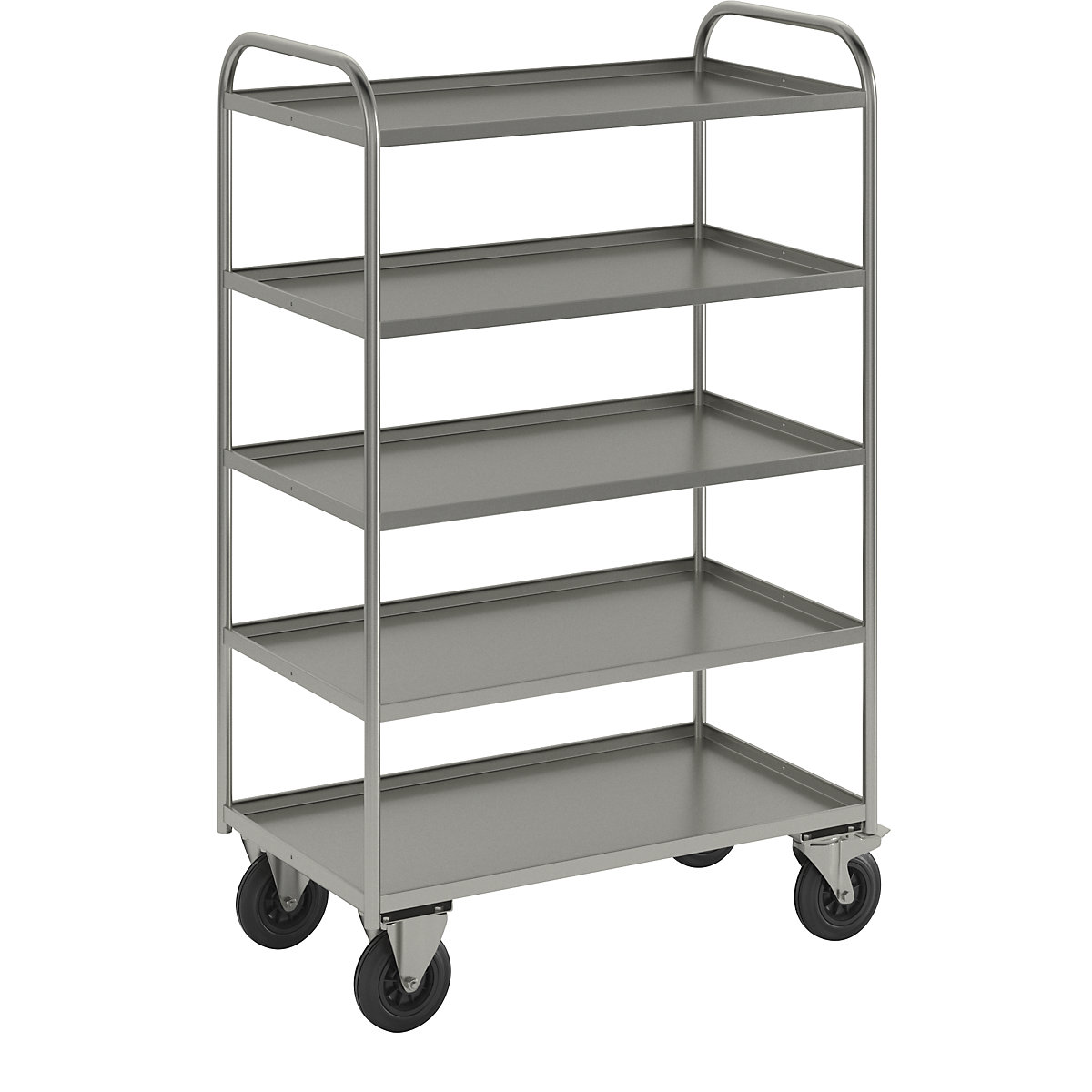 KM41 shelf truck – Kongamek, 5 shelves with raised edges, LxWxH 955 x 550 x 1490 mm, zinc plated, 2 swivel castors with stops, 2 fixed castors-7