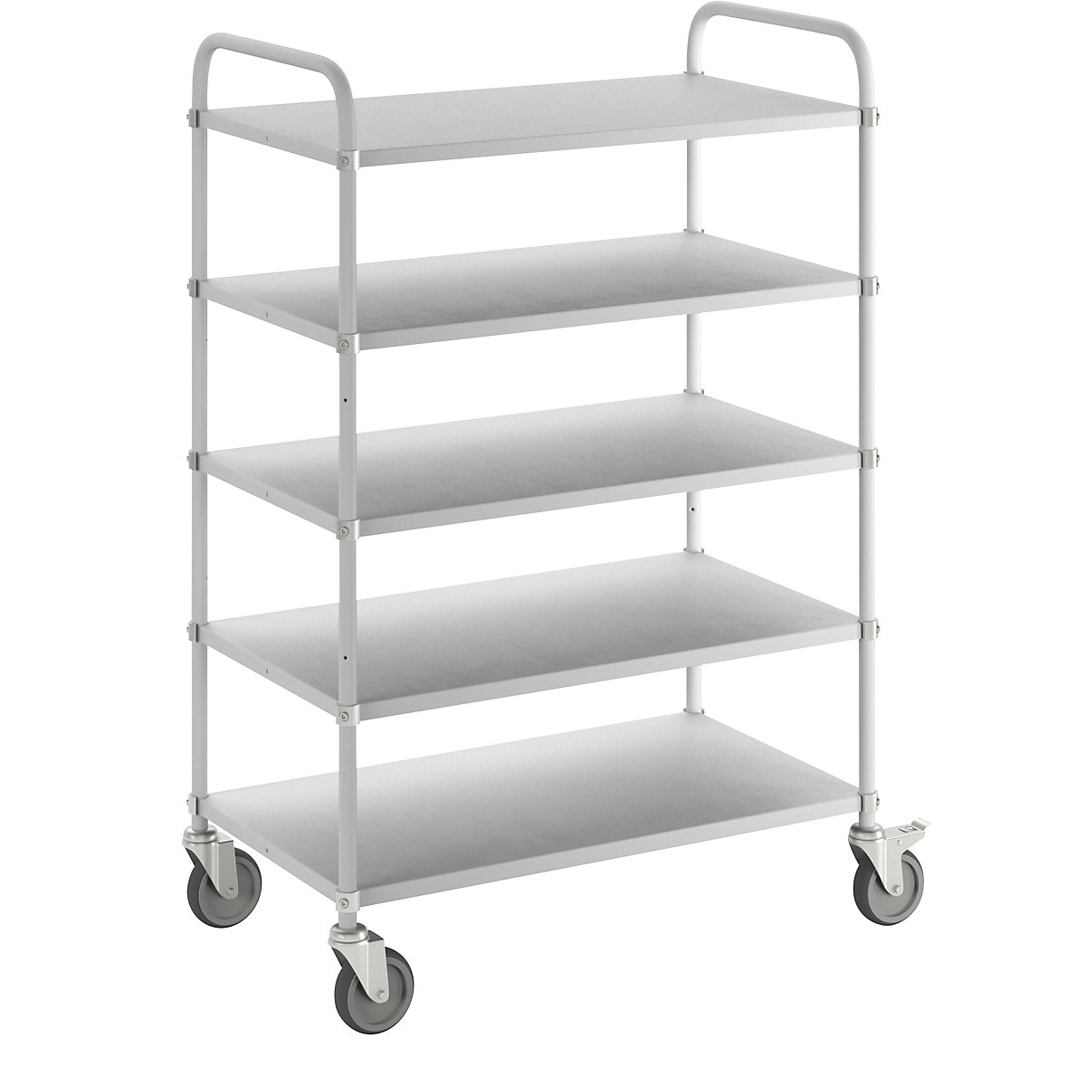 Lightweight shelf truck, height 1445 mm – Kongamek, with 5 metal shelves, white, 2 swivel castors with stops-5