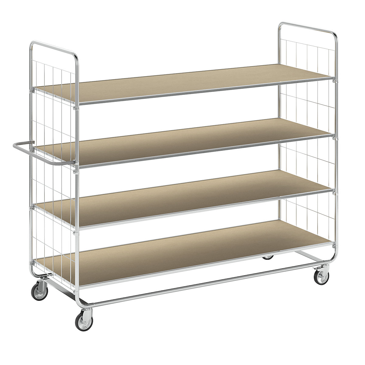 ESD-etagenwagen – Kongamek, lange uitvoeringen, 4 zwenkwielen, 4 laadvlakken, l x b x h = 1395 x 470 x 1120 mm, 2 met vastzetter-2