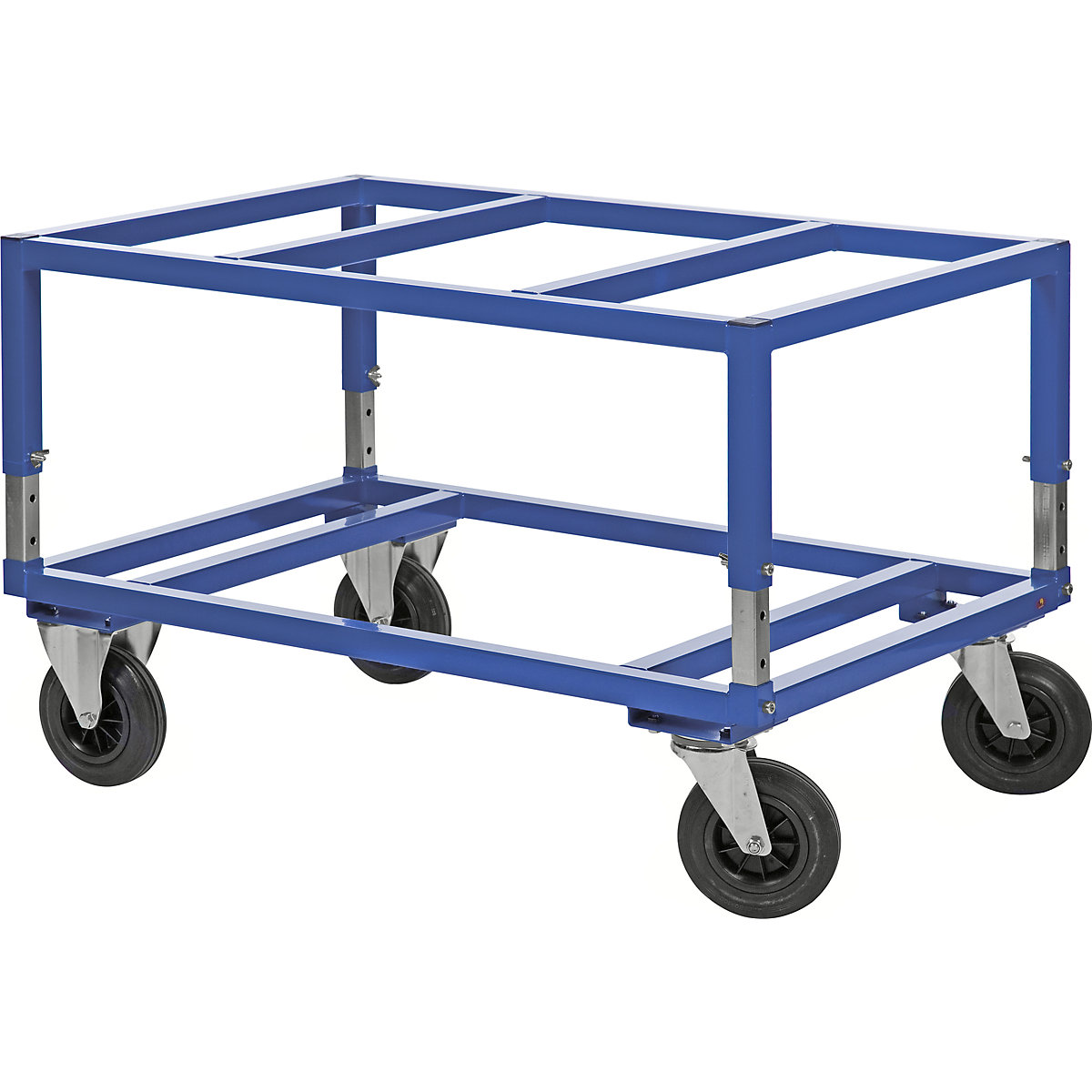 Rijframe voor pallets, KM222 – Kongamek, l x b x h = 1200 x 800 x 655 – 830 mm, blauw, 2 zwenkwielen met rem, 2 bokwielen, vanaf 5 stuks-2