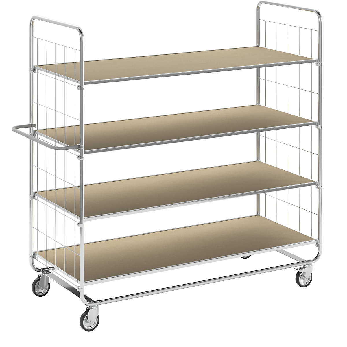 ESD-Etagenwagen Kongamek, lange Ausführungen, 4 Lenkrollen, 4 Ladeflächen, LxBxH 1195 x 470 x 1120 mm, 2 mit Stopp-2