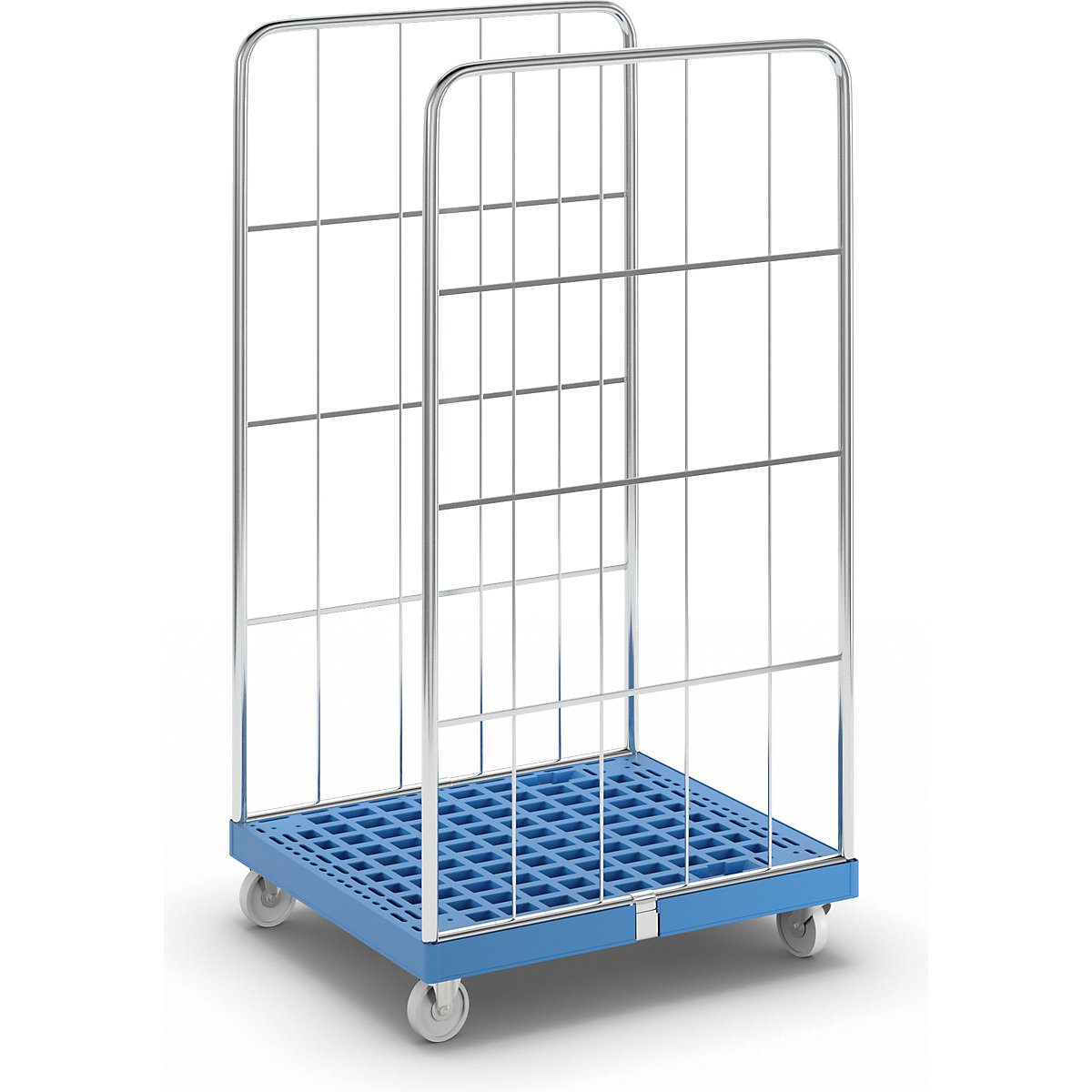 Rollbehälter mit Gitterwänden, Kunststoff-Rollplatte, 2-seitig, Seitengitter blau verzinkt-1