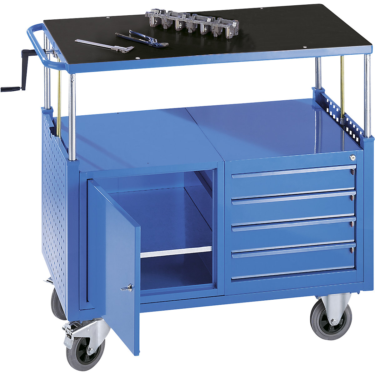 EUROKRAFTpro Montagewagen, höhenverstellbar, 1 Schrank mit Fachboden, 4 Schubladen, lichtblau