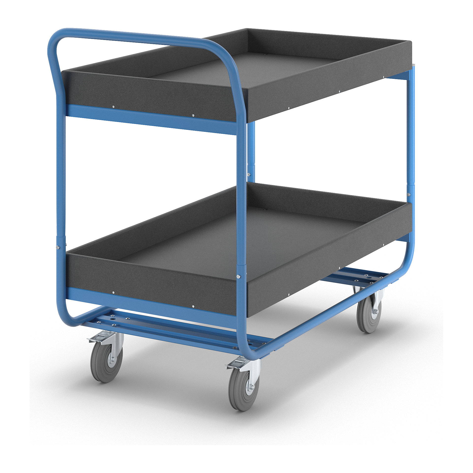 Tischwagen Mit 3 Böden – 250 Kg Traglast, 835 X 490 Mm, Enzianblau RAL 5010, Stahlrohrkonstruktion, Thermoplastische Rollen