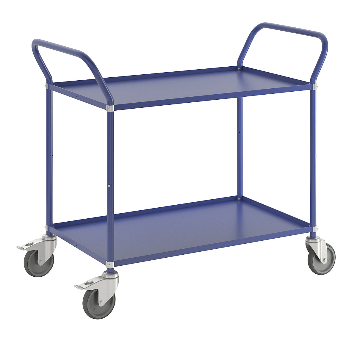 Lahek večnivojski voziček višine 940 mm – Kongamek, 2 kovinski polici, modre barve, 2 vrtljivi kolesi z zavoro-1