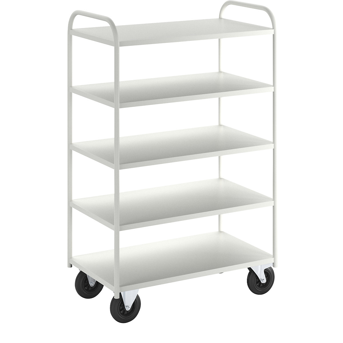 Nivojski voziček KM41 – Kongamek, 5 polic, DxŠxV 955 x 550 x 1470 mm, bele barve, 2 vrtljivi kolesi z zavoro, 2 fiksni kolesi-8