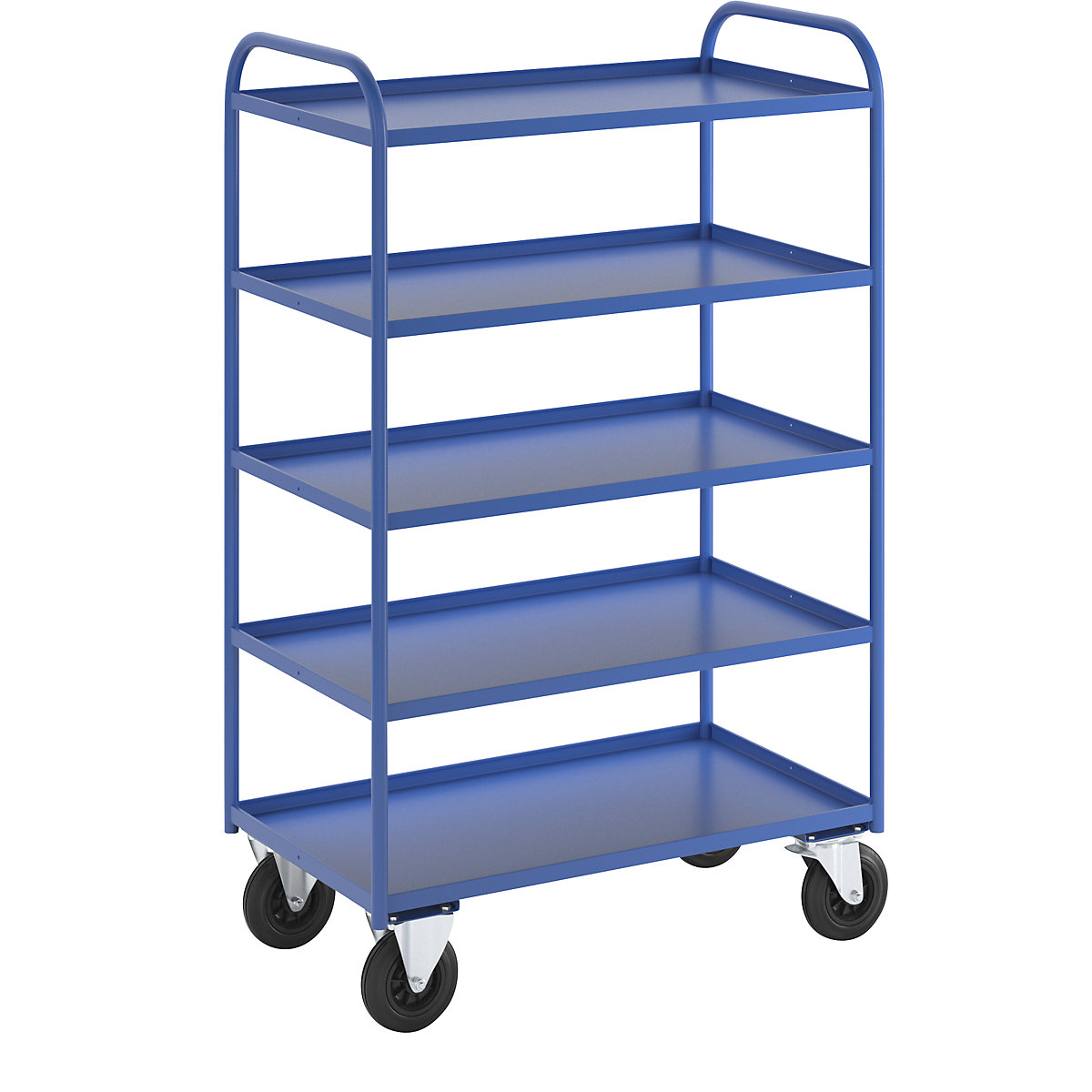 Nivojski voziček KM41 – Kongamek, 5 polic z robom, DxŠxV 955 x 550 x 1490 mm, modre barve, 2 vrtljivi in 2 fiksni kolesi-7