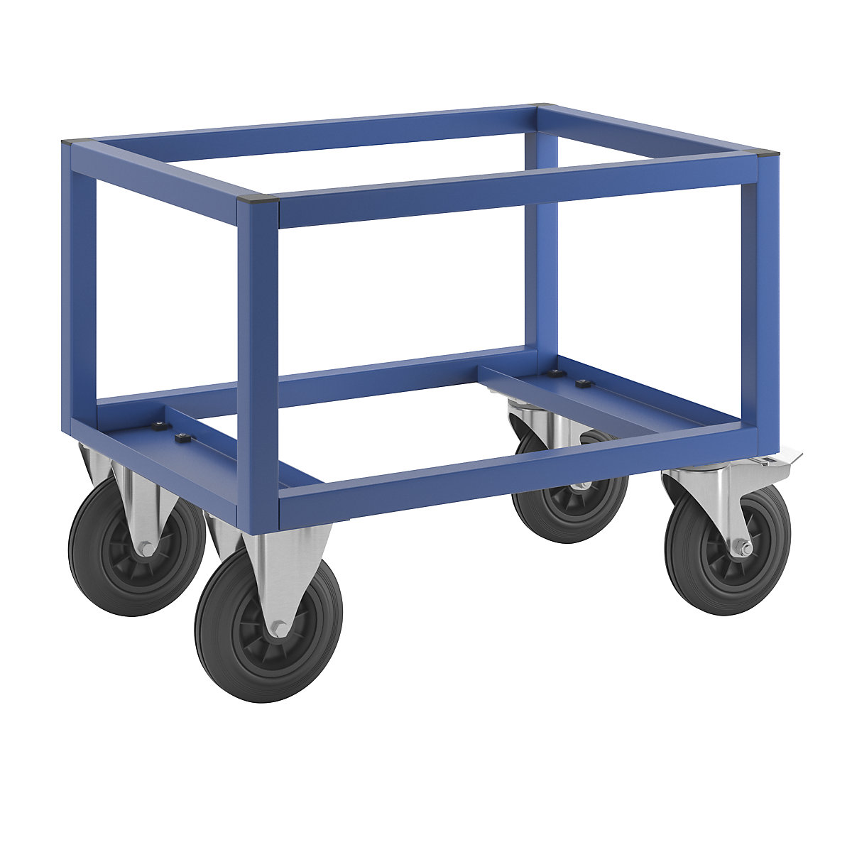 Transportni voziček za palete KM221 – Kongamek, DxŠxV 800 x 600 x 650 mm, modre barve, 2 vrtljivi kolesi z zavoro, 2 fiksni kolesi-4