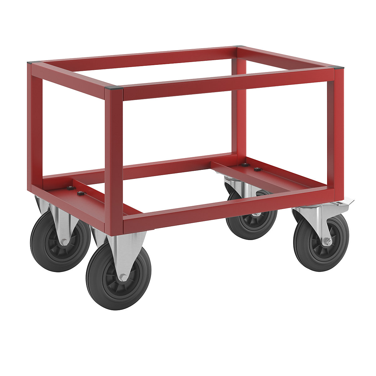 Transportni voziček za palete KM221 – Kongamek, DxŠxV 800 x 600 x 650 mm, rdeče barve, 2 vrtljivi kolesi z zavoro, 2 fiksni kolesi-7