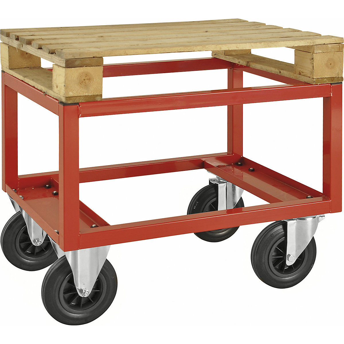 Transportni voziček za palete KM221 – Kongamek, DxŠxV 800 x 600 x 650 mm, rdeče barve, 2 vrtljivi kolesi z zavoro, 2 fiksni kolesi, od 5 kosov-2