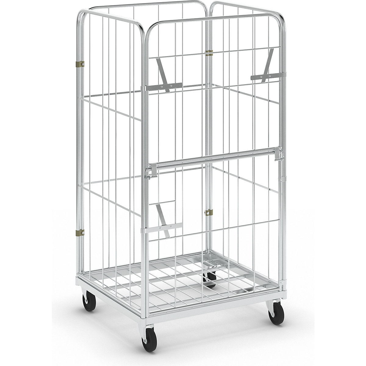 Carrello con rotelle, sponda anteriore ribaltabile e ruotabile